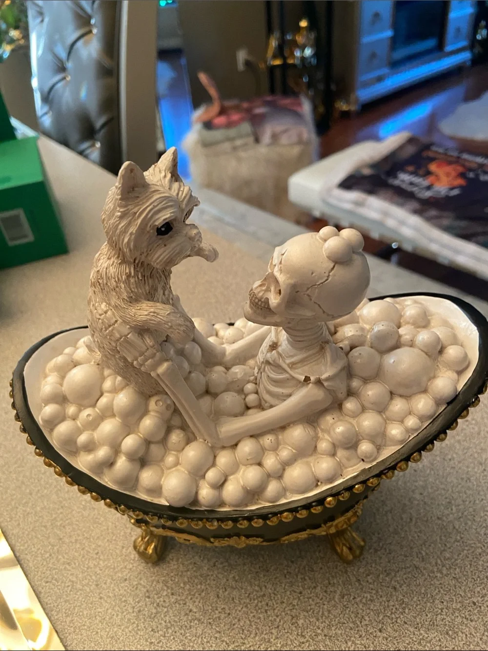 Vintage-Inspired White Skeleton & dog Figurine in bubbles bath